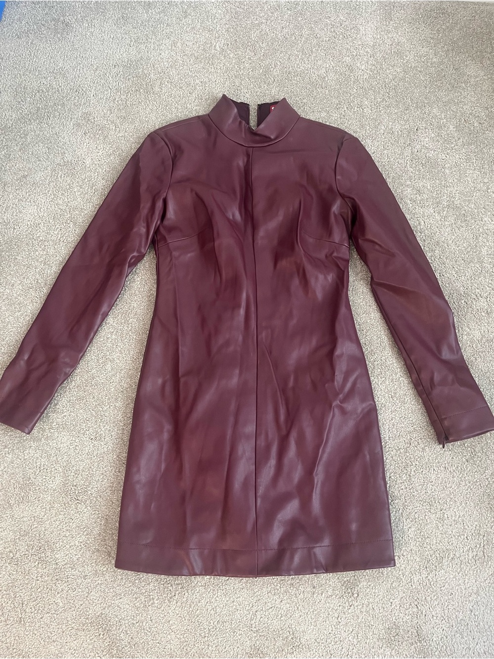 STAUD Burgundy Long Sleeve Faux Leather Mini Dress